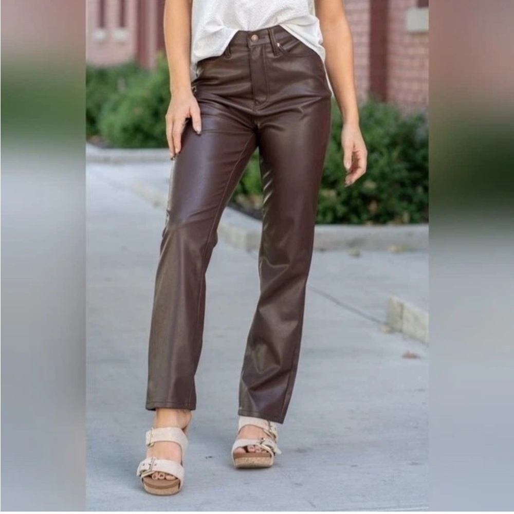 Judy Blue faux leather high rise straight jeans pants 9 29 brown